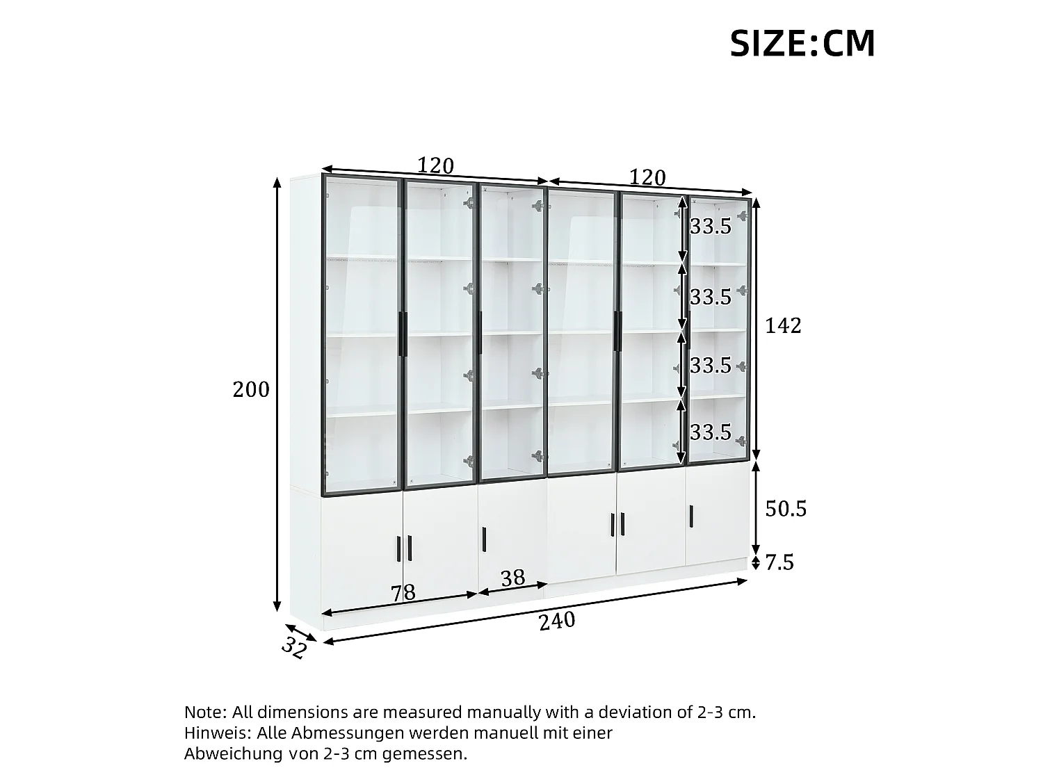 Vitrine avec 12 portes vitrées et éclairage LED - MDF et verre - 240 x 32 x 200 cm - Blanc