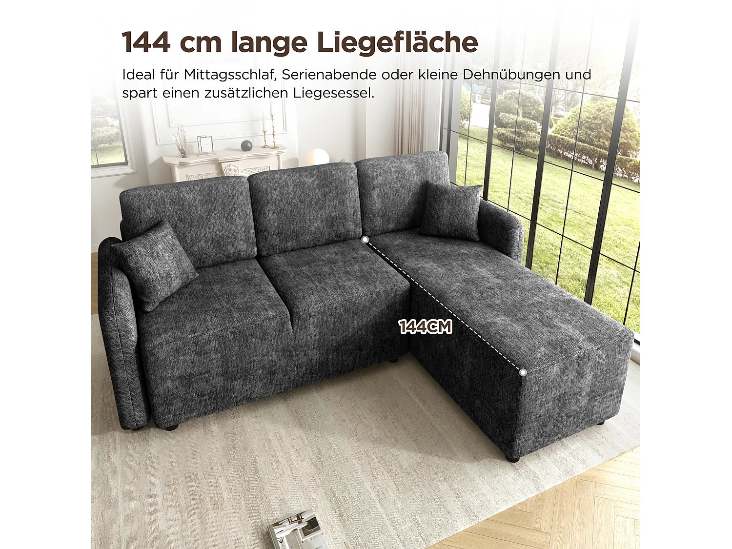 Narożnik 3-osobowy z szezlongiem i 2 poduszkami - Chenille - 187,5 x 144 x 85,5 cm - Czarny