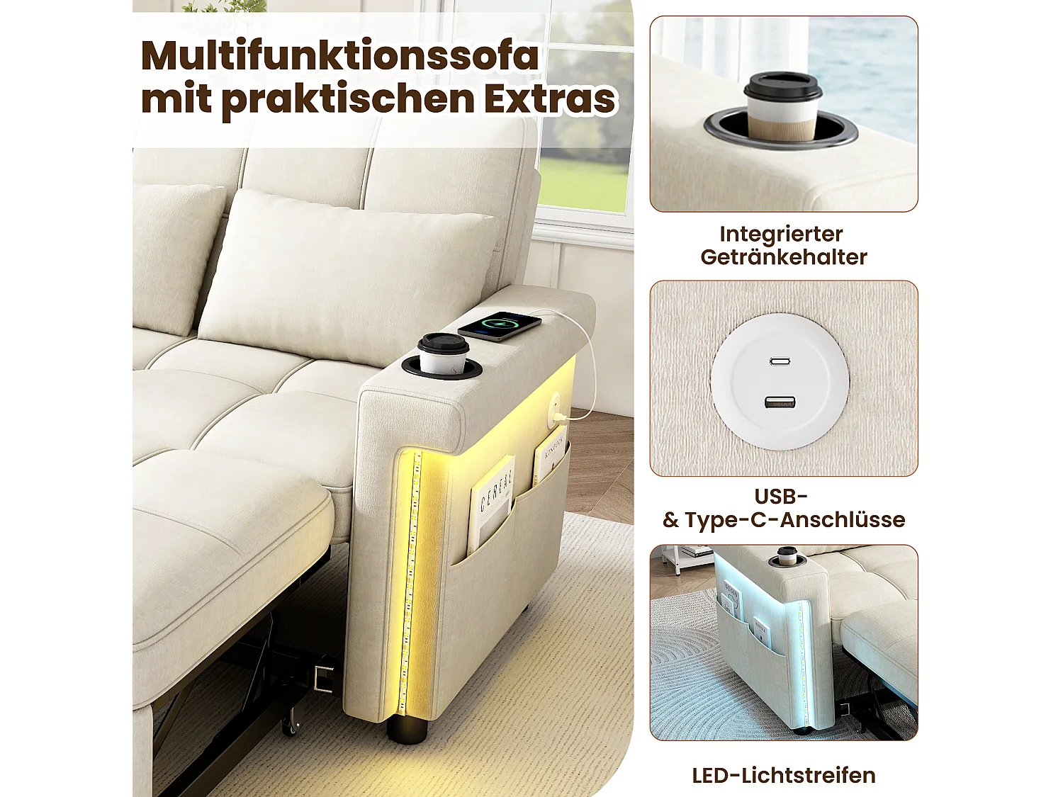Canapé convertible 2 places avec LED, USB/Type-C et porte-gobelets - Chenille - 145 x 141,5 x 90 cm - Beige