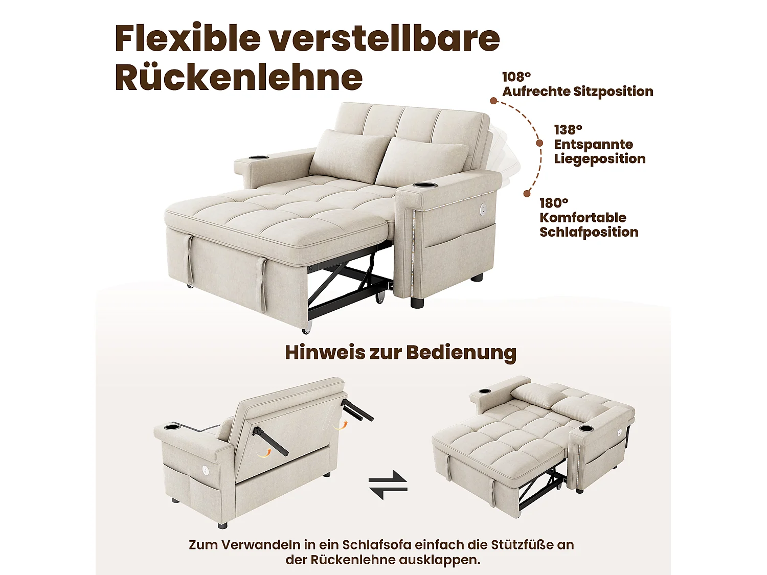 Canapé convertible 2 places avec LED, USB/Type-C et porte-gobelets - Chenille - 145 x 141,5 x 90 cm - Beige