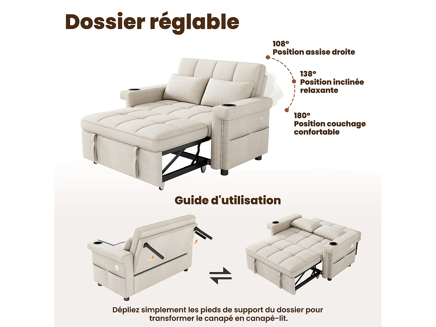 Canapé convertible 2 places avec LED, USB/Type-C et porte-gobelets - Chenille - 145 x 141,5 x 90 cm - Beige