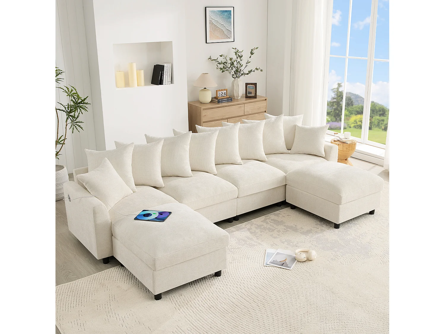 Canapé d'angle modulable 6 places avec 2 poufs, 10 coussins et USB/Type-C - Chenille - 283 x 153,5 x 78,5 cm - Beige