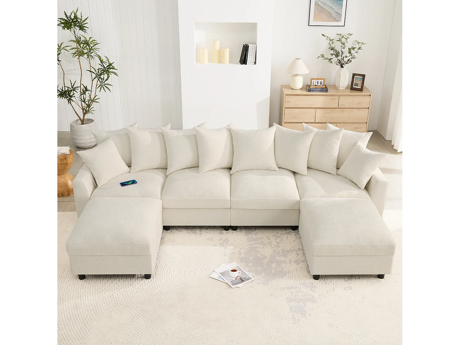 Canapé d'angle modulable 6 places avec 2 poufs, 10 coussins et USB/Type-C - Chenille - 283 x 153,5 x 78,5 cm - Beige