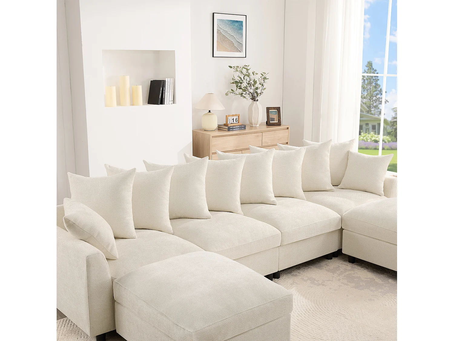 Canapé d'angle modulable 6 places avec 2 poufs, 10 coussins et USB/Type-C - Chenille - 283 x 153,5 x 78,5 cm - Beige