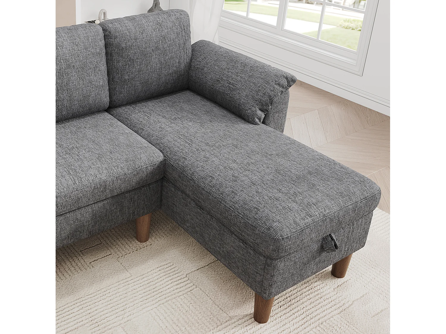 Canapé d'angle réversible 3 places avec coffre et USB/Type-C - Chenille - 181 x 125 x 88 cm - Gris clair