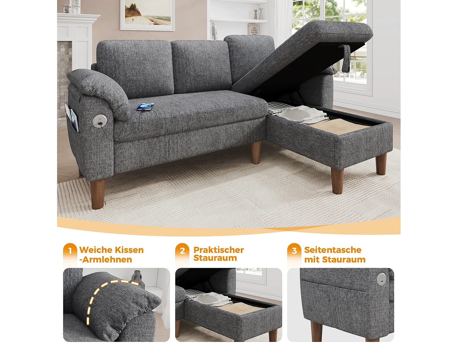 Canapé d'angle réversible 3 places avec coffre et USB/Type-C - Chenille - 181 x 125 x 88 cm - Gris clair