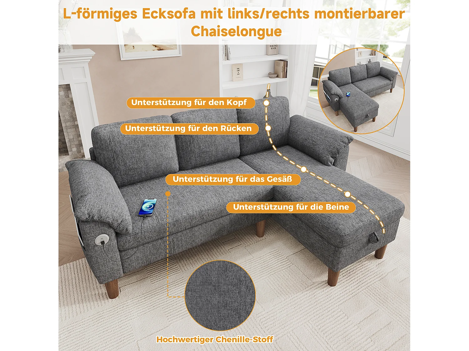 Canapé d'angle réversible 3 places avec coffre et USB/Type-C - Chenille - 181 x 125 x 88 cm - Gris clair
