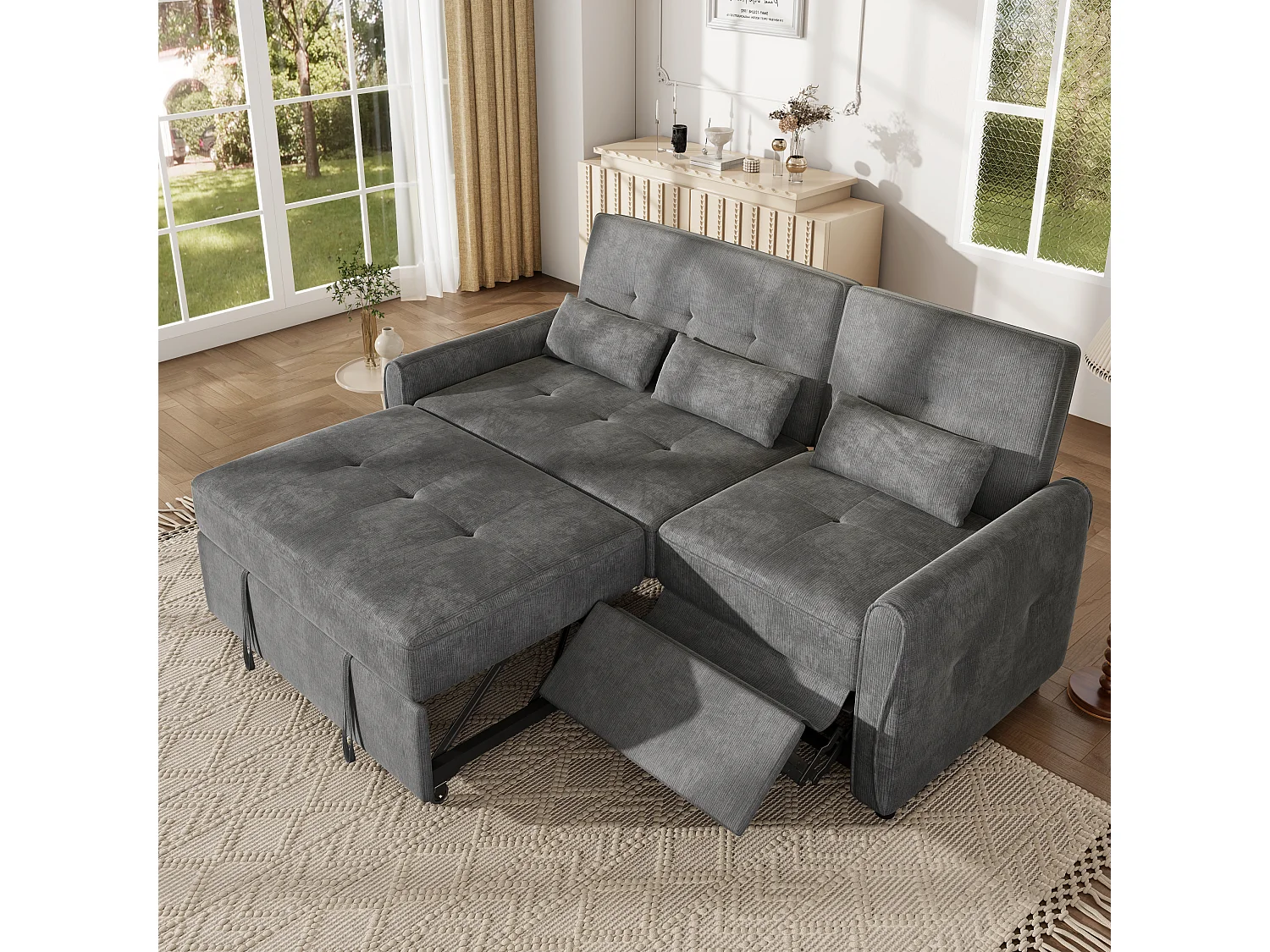 3-zits slaapbank met verstelbare rugleuning en voetensteun - Chenille - 176 x 148 x 83 cm - Grijs (chaise longue-modus)