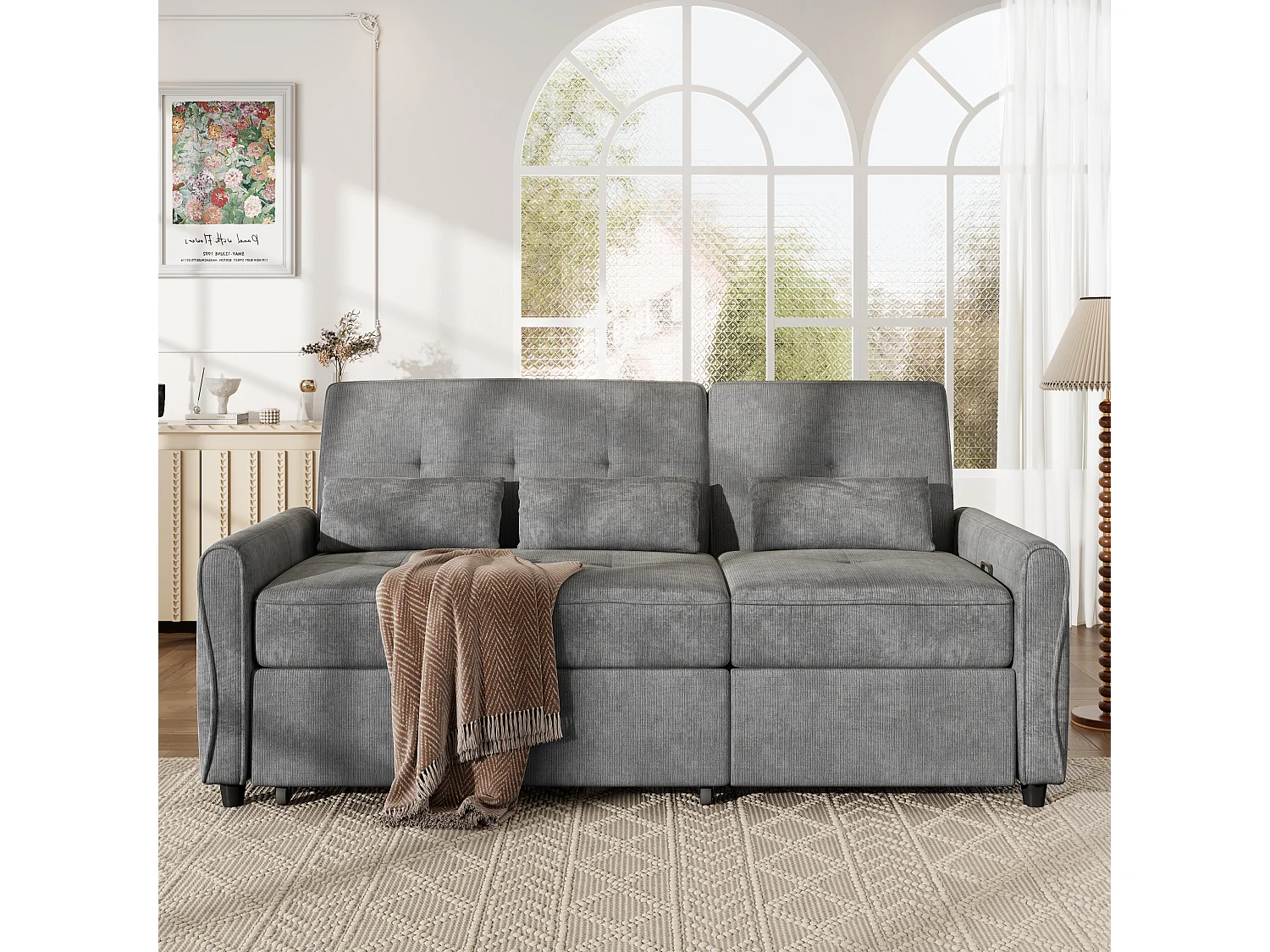 3-zits slaapbank met verstelbare rugleuning en voetensteun - Chenille - 176 x 148 x 83 cm - Grijs (chaise longue-modus)