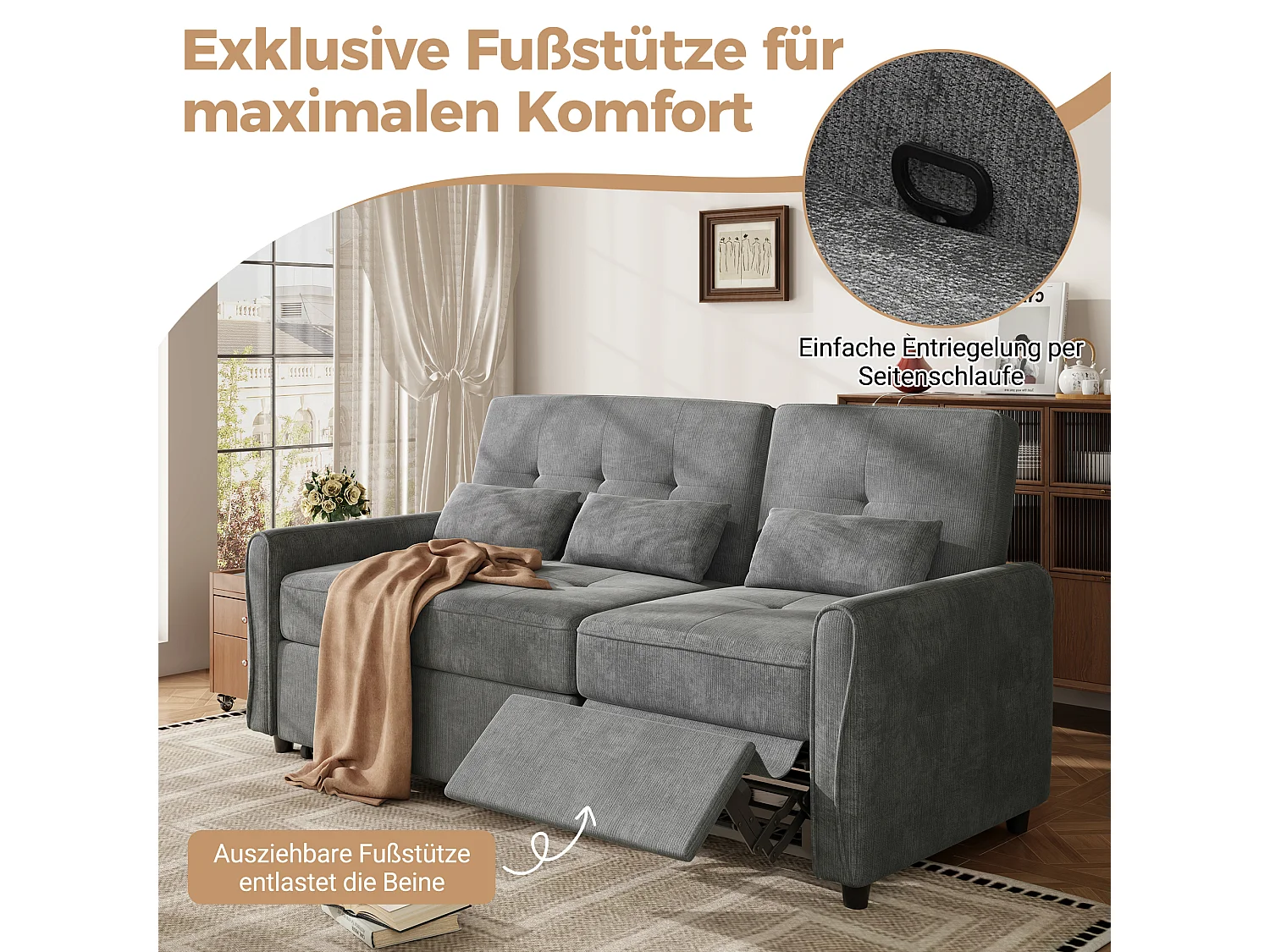 3-zits slaapbank met verstelbare rugleuning en voetensteun - Chenille - 176 x 148 x 83 cm - Grijs (chaise longue-modus)