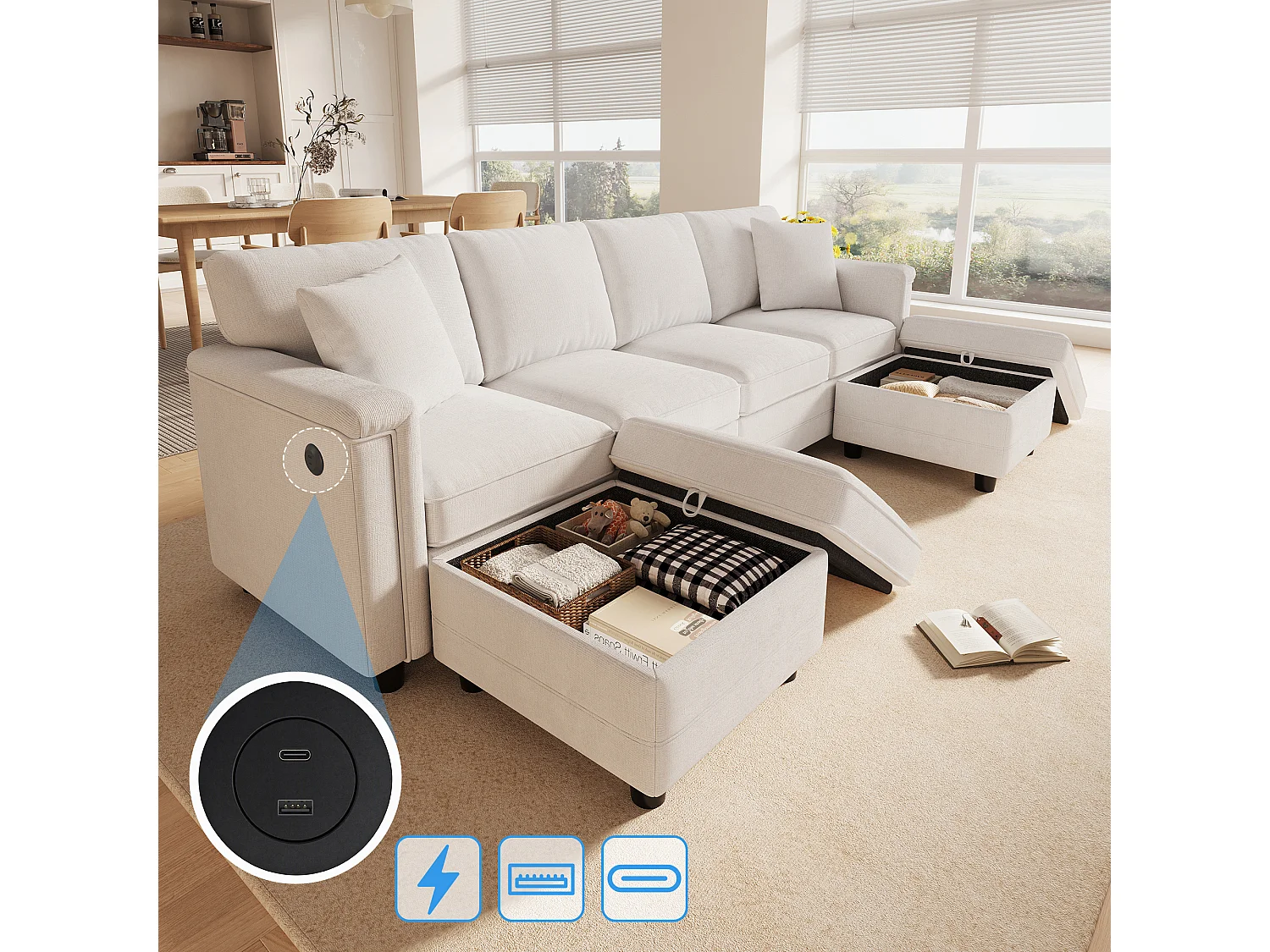 Sofá modular de 6 lugares em configuração U ou L com 2 pufes de arrumação e porta USB/Tipo C - Chenille - 261 x 134 x 82 cm - Bege