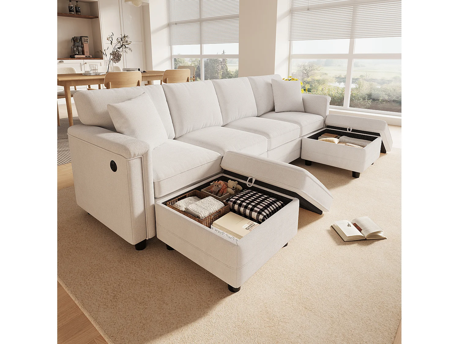 Sofá modular de 6 lugares em configuração U ou L com 2 pufes de arrumação e porta USB/Tipo C - Chenille - 261 x 134 x 82 cm - Bege