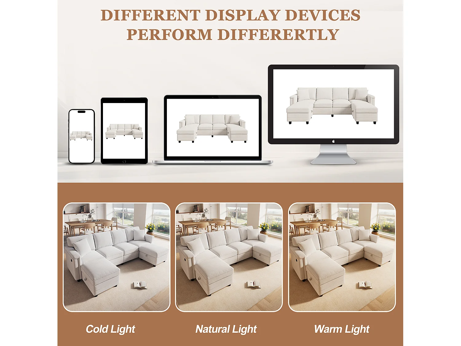 Sofá modular de 6 lugares em configuração U ou L com 2 pufes de arrumação e porta USB/Tipo C - Chenille - 261 x 134 x 82 cm - Bege