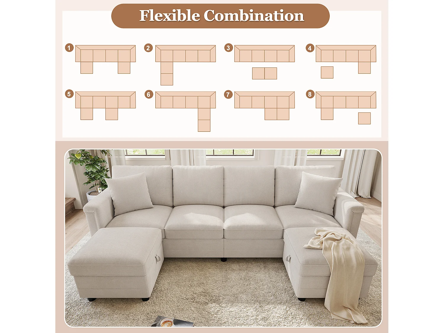 Sofá modular de 6 lugares em configuração U ou L com 2 pufes de arrumação e porta USB/Tipo C - Chenille - 261 x 134 x 82 cm - Bege