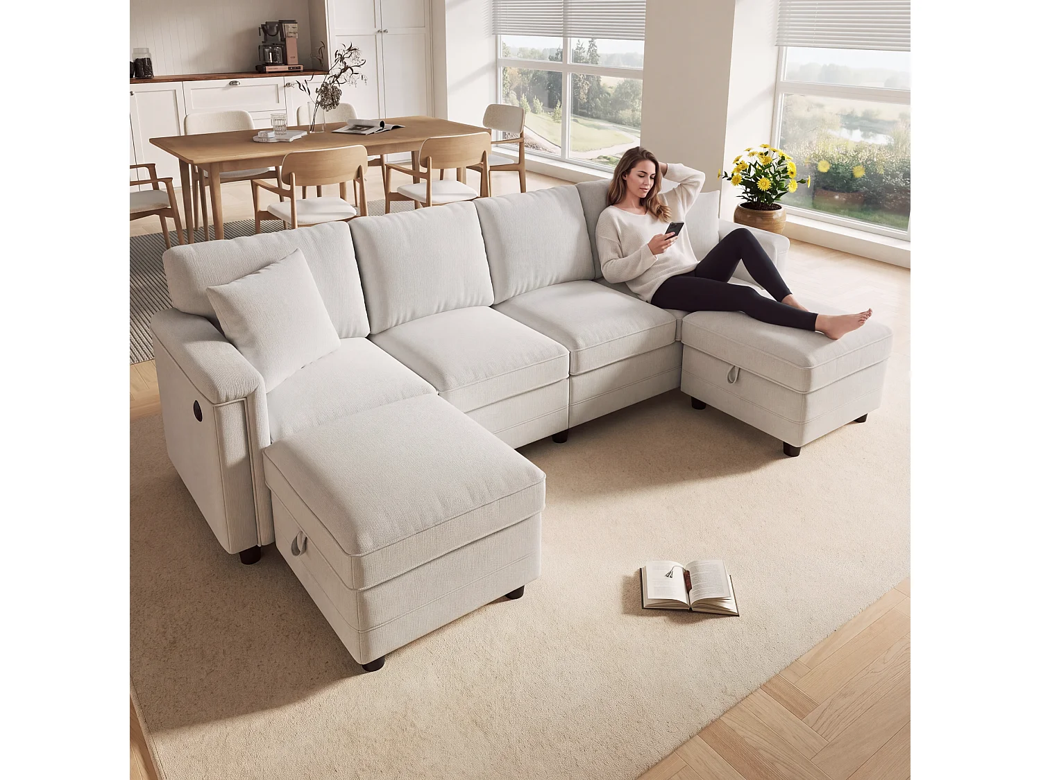 Sofá modular de 6 lugares em configuração U ou L com 2 pufes de arrumação e porta USB/Tipo C - Chenille - 261 x 134 x 82 cm - Bege