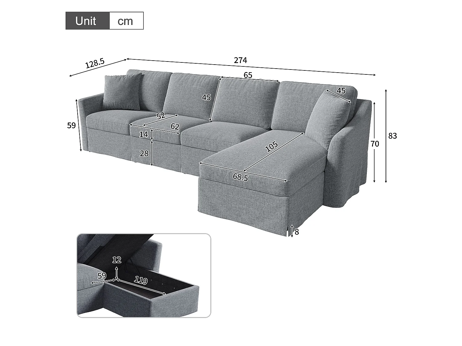 Canapé d'angle 4 places avec coffre et housses lavables - Mélange coton-lin - 274 x 128,5 x 83 cm - Gris