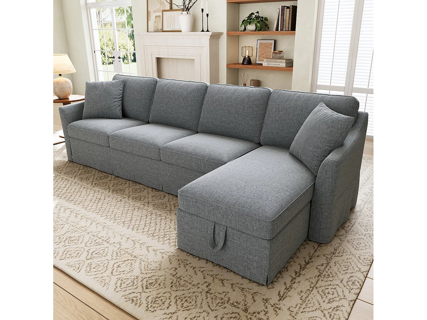 Canapé d'angle 4 places avec coffre et housses lavables - Mélange coton-lin - 274 x 128,5 x 83 cm - Gris