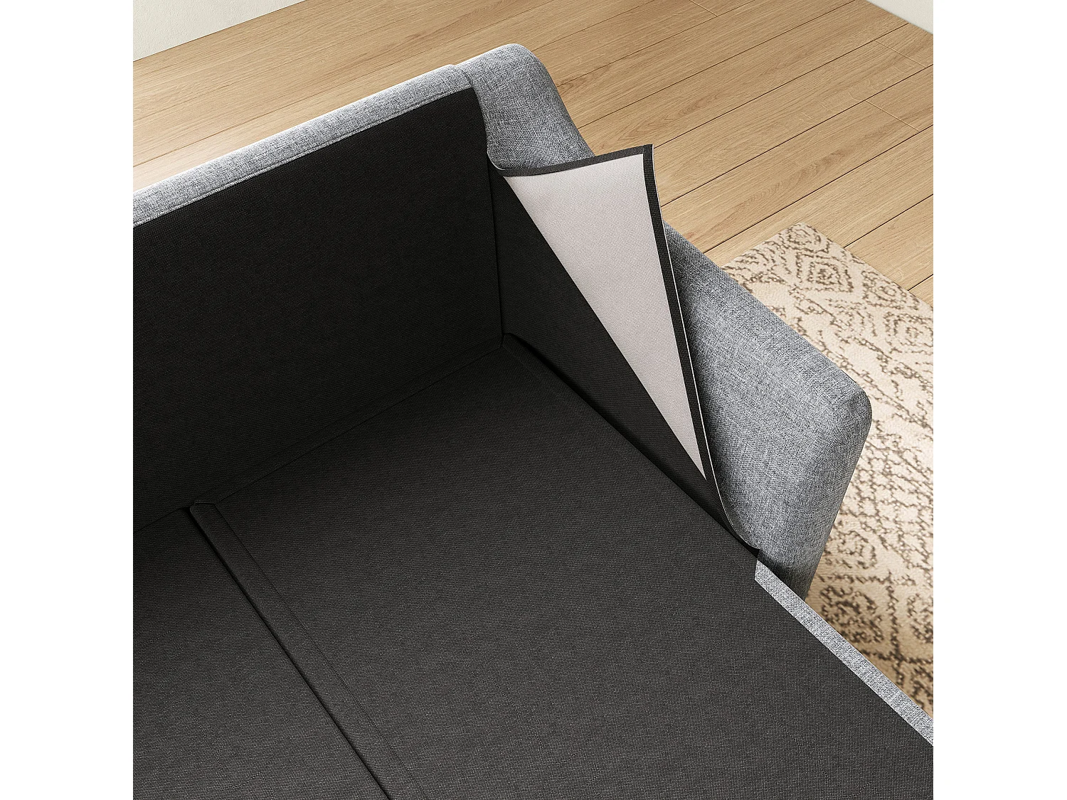 Canapé d'angle 4 places avec coffre et housses lavables - Mélange coton-lin - 274 x 128,5 x 83 cm - Gris