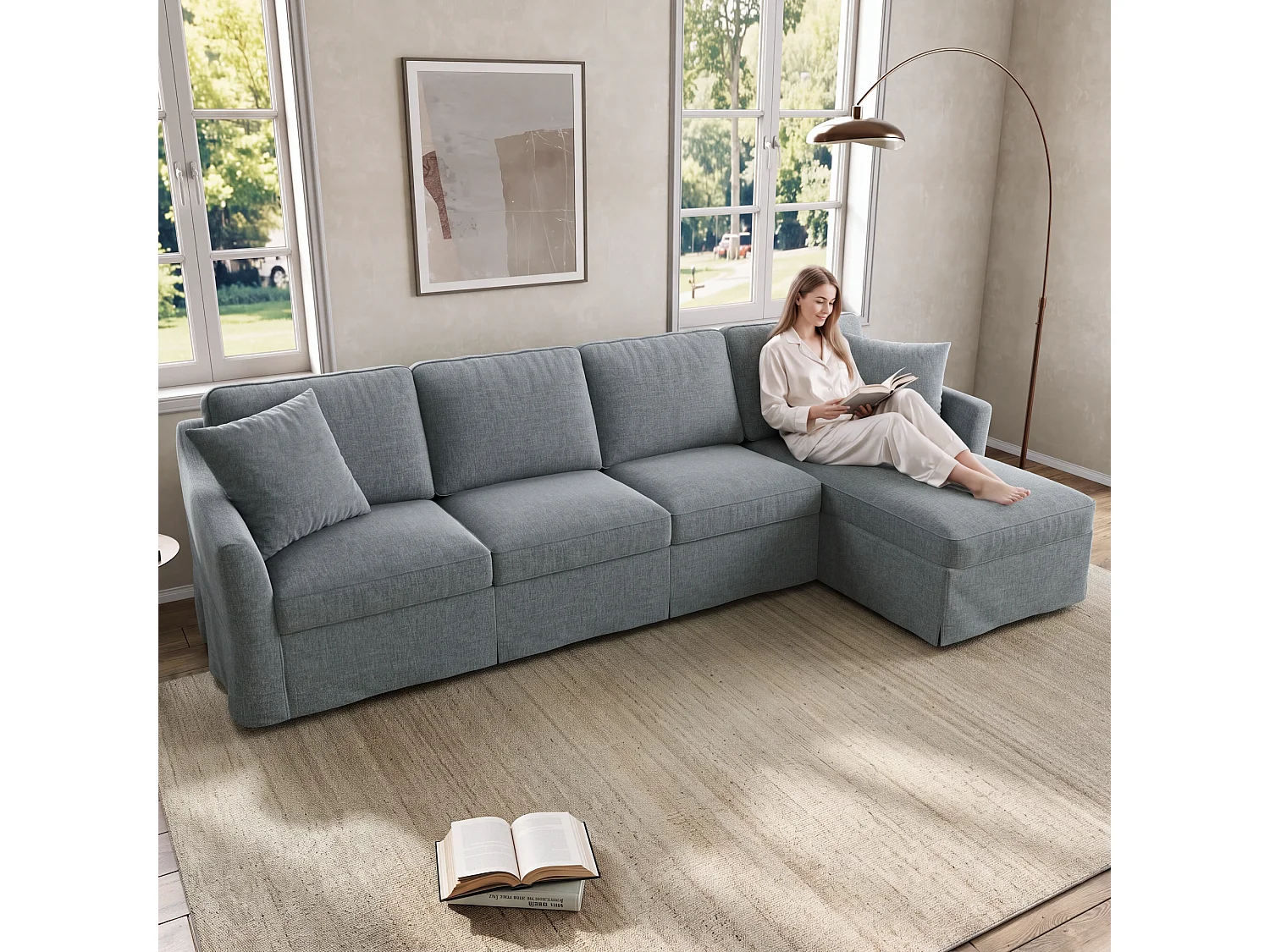 Canapé d'angle 4 places avec coffre et housses lavables - Mélange coton-lin - 274 x 128,5 x 83 cm - Gris