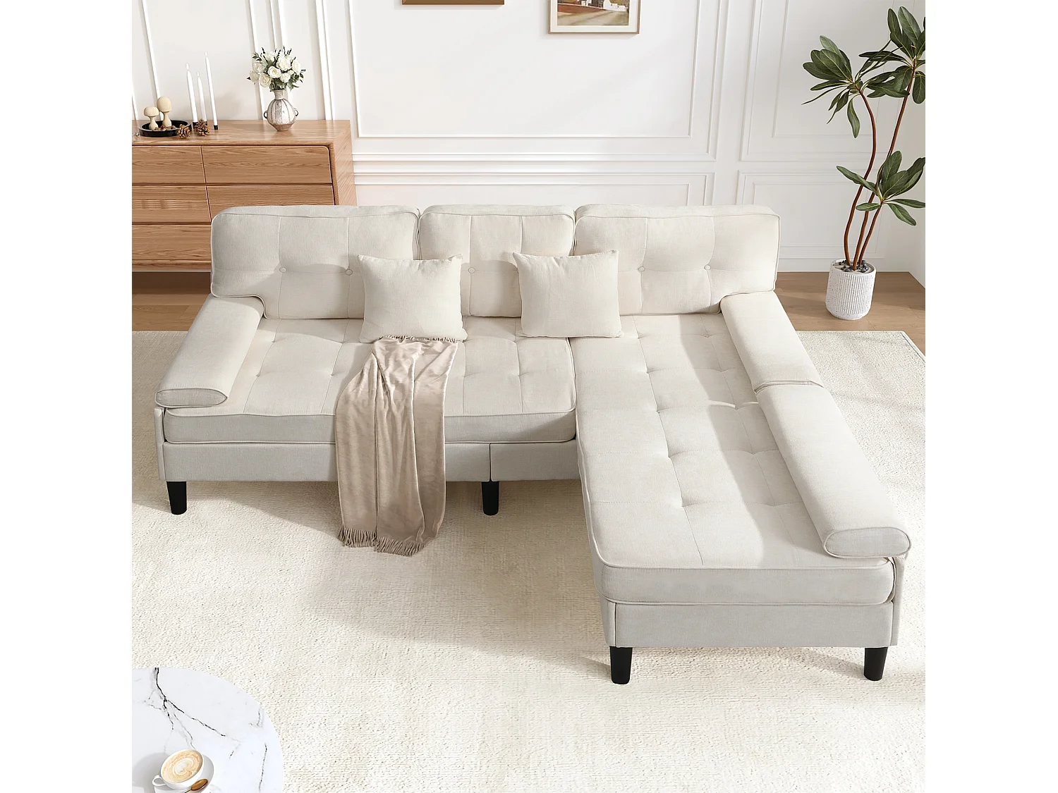 Canapé d'angle réversible 3 places avec pouf amovible et 2 coussins - Chenille - 195 x 149 x 86 cm - Beige clair