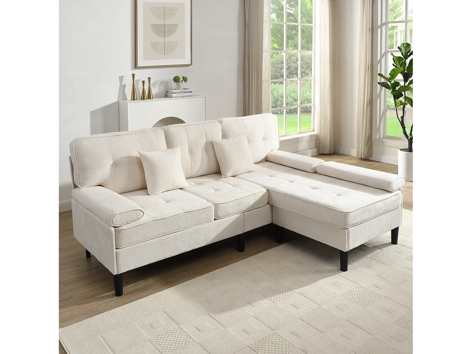 Canapé d'angle réversible 3 places avec pouf amovible et 2 coussins - Chenille - 195 x 149 x 86 cm - Beige clair