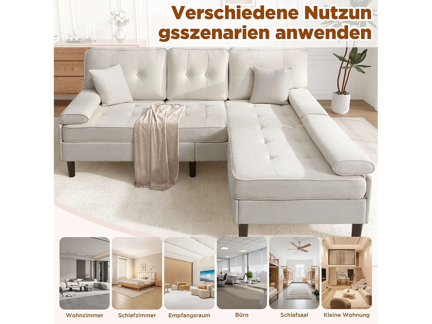Canapé d'angle réversible 3 places avec pouf amovible et 2 coussins - Chenille - 195 x 149 x 86 cm - Beige clair