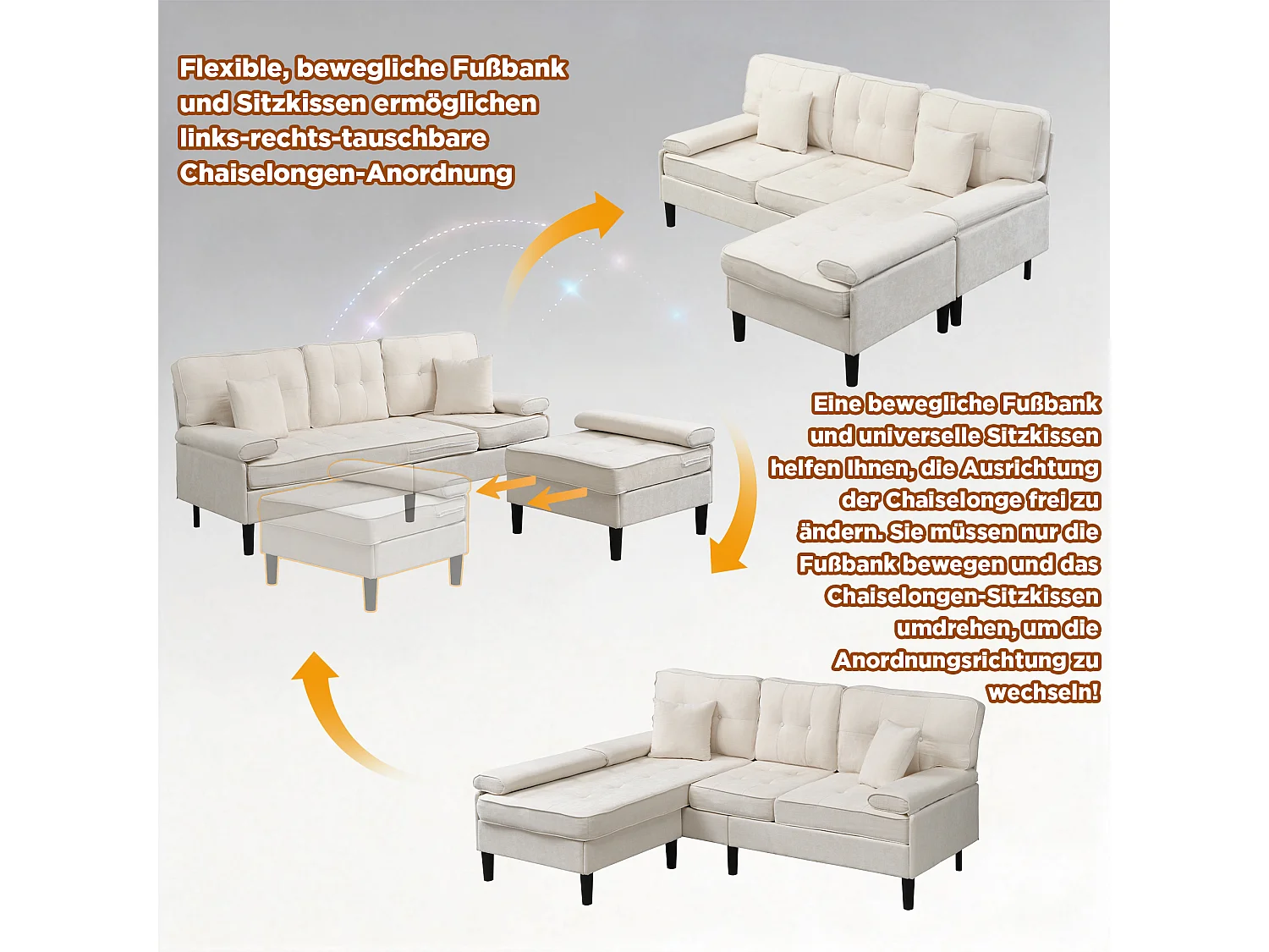 Canapé d'angle réversible 3 places avec pouf amovible et 2 coussins - Chenille - 195 x 149 x 86 cm - Beige clair