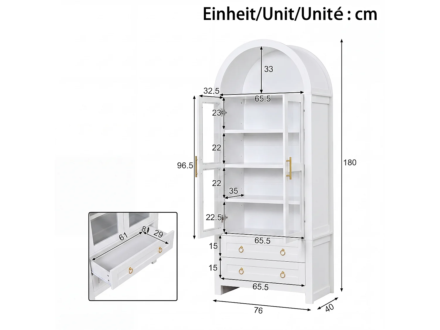 Vitrine haute avec LED, 2 portes vitrées, 2 tiroirs - MDF et panneaux de particules - 76 x 40 x 180 cm - Blanc