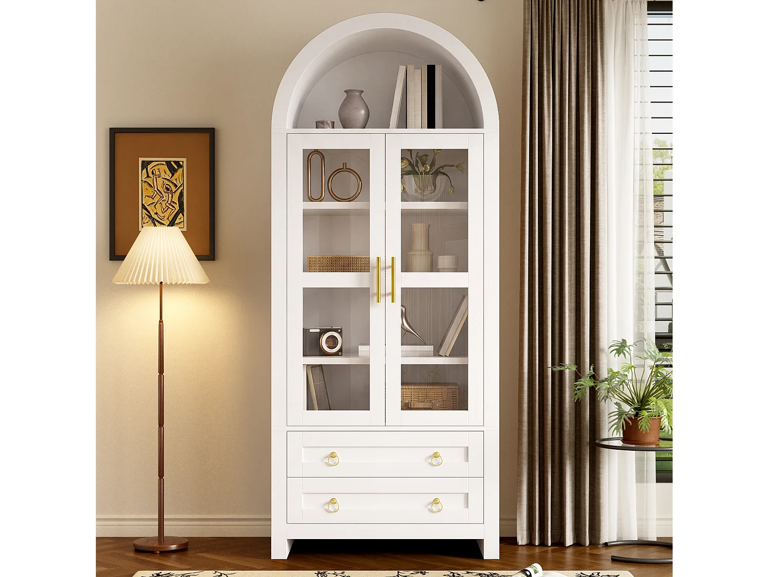 Vitrine haute avec LED, 2 portes vitrées, 2 tiroirs - MDF et panneaux de particules - 76 x 40 x 180 cm - Blanc