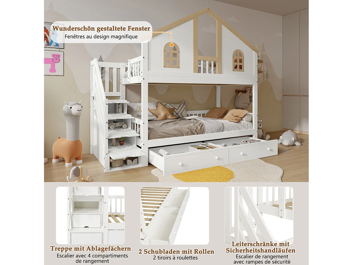 Łóżko piętrowe 2 x 90 x 200 cm z drabinką, 2 szufladami i okienkami - Sosna + MDF - Biały + naturalny (materac nie jest wliczony w cenę)