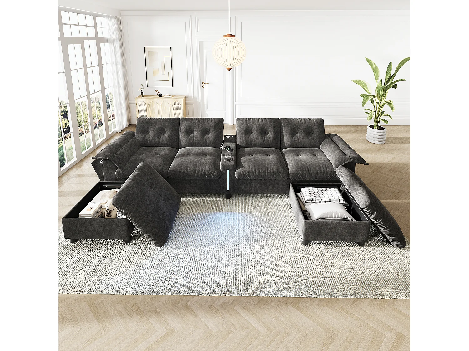Canapé modulable 6 places avec 2 poufs coffres, console, LED et USB/Type-C - Chenille - 312 x 142 x 82 cm - Gris
