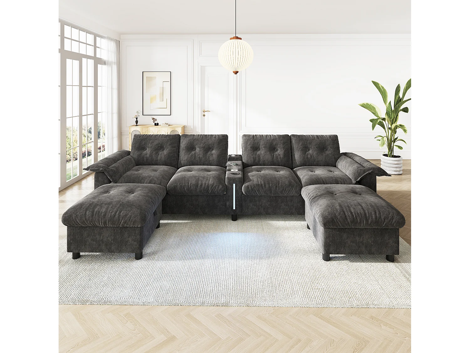 Canapé modulable 6 places avec 2 poufs coffres, console, LED et USB/Type-C - Chenille - 312 x 142 x 82 cm - Gris