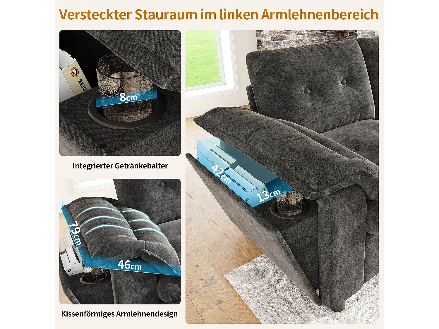 Canapé modulable 6 places avec 2 poufs coffres, console, LED et USB/Type-C - Chenille - 312 x 142 x 82 cm - Gris