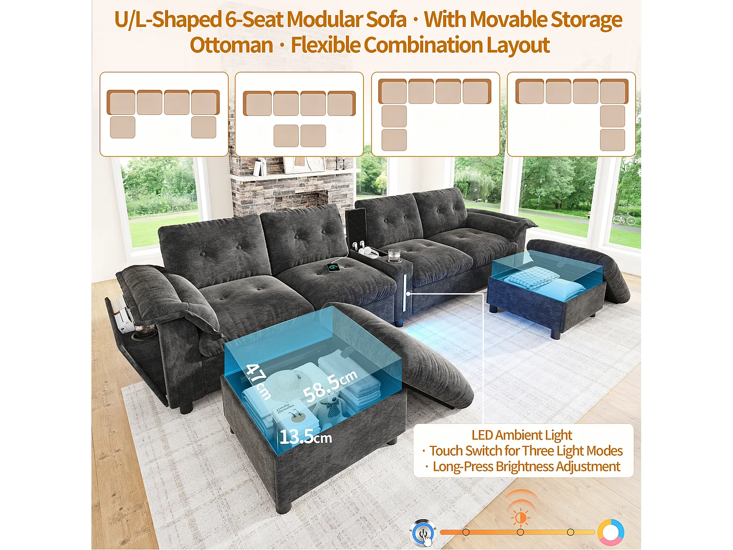 Canapé modulable 6 places avec 2 poufs coffres, console, LED et USB/Type-C - Chenille - 312 x 142 x 82 cm - Gris