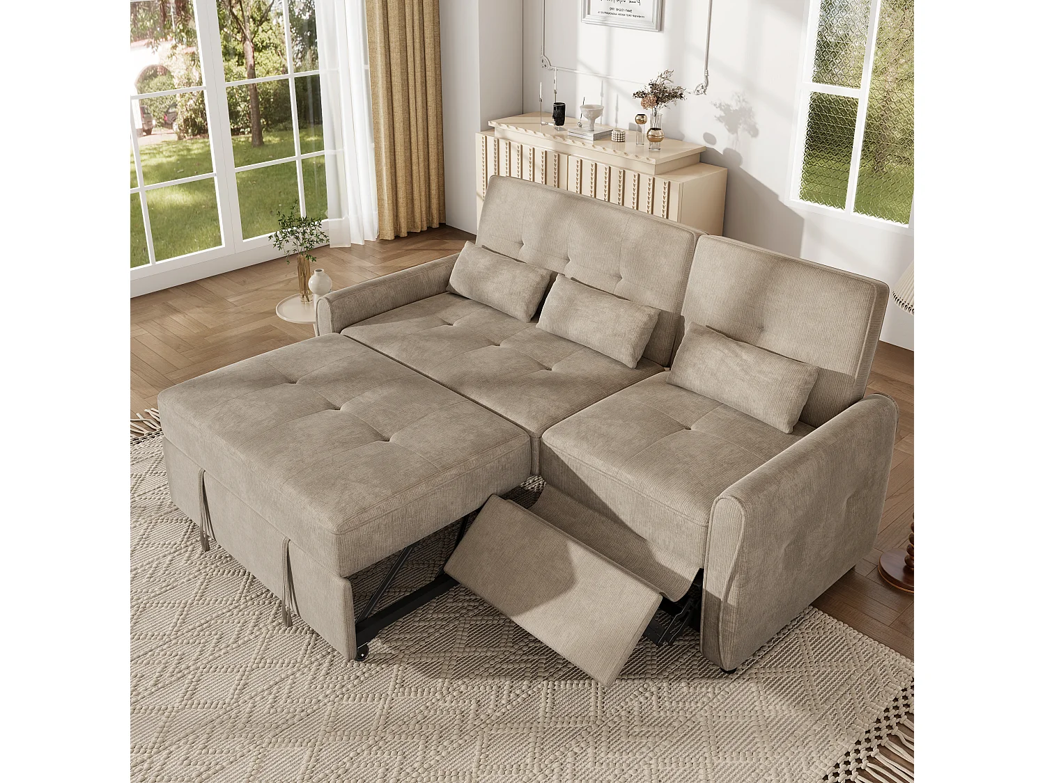 3-zits slaapbank met verstelbare rugleuning en voetensteun - Chenille - 176 x 148 x 83 cm - Bruin (chaise longue-modus)