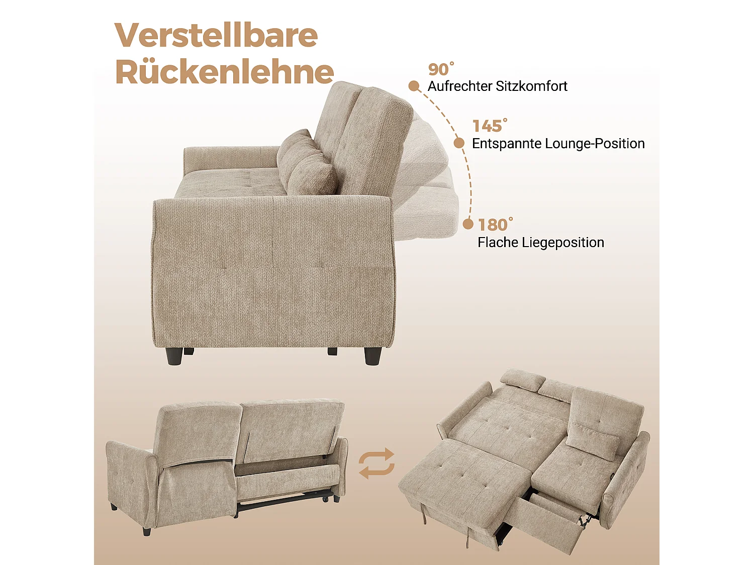 3-zits slaapbank met verstelbare rugleuning en voetensteun - Chenille - 176 x 148 x 83 cm - Bruin (chaise longue-modus)