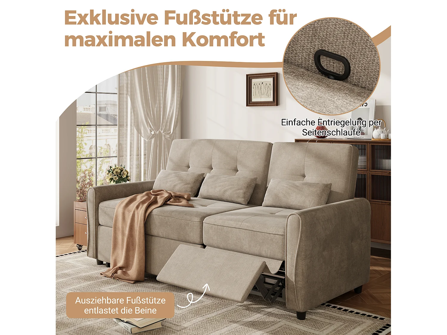 3-zits slaapbank met verstelbare rugleuning en voetensteun - Chenille - 176 x 148 x 83 cm - Bruin (chaise longue-modus)