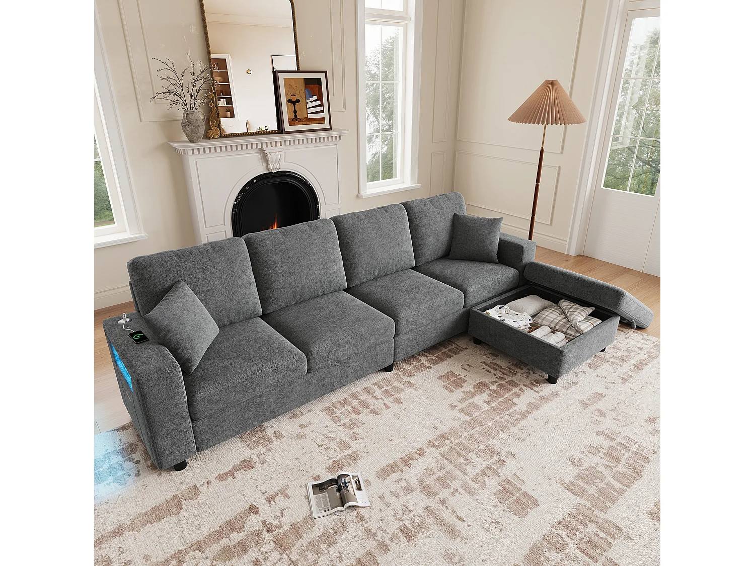 Canapé avec pouf coffre, accoudoir de rangement, LED et USB/Type-C - Polyester - 282 x 153 x 82 cm - Gris