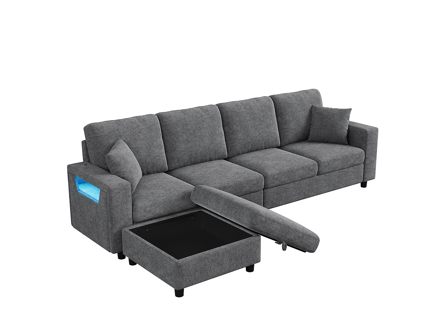 Canapé avec pouf coffre, accoudoir de rangement, LED et USB/Type-C - Polyester - 282 x 153 x 82 cm - Gris