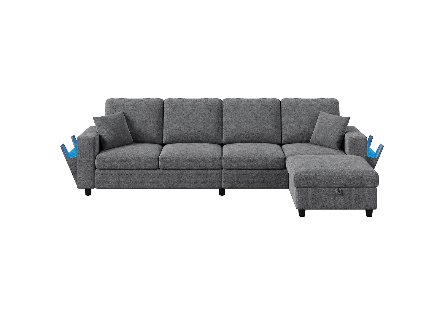 Canapé avec pouf coffre, accoudoir de rangement, LED et USB/Type-C - Polyester - 282 x 153 x 82 cm - Gris