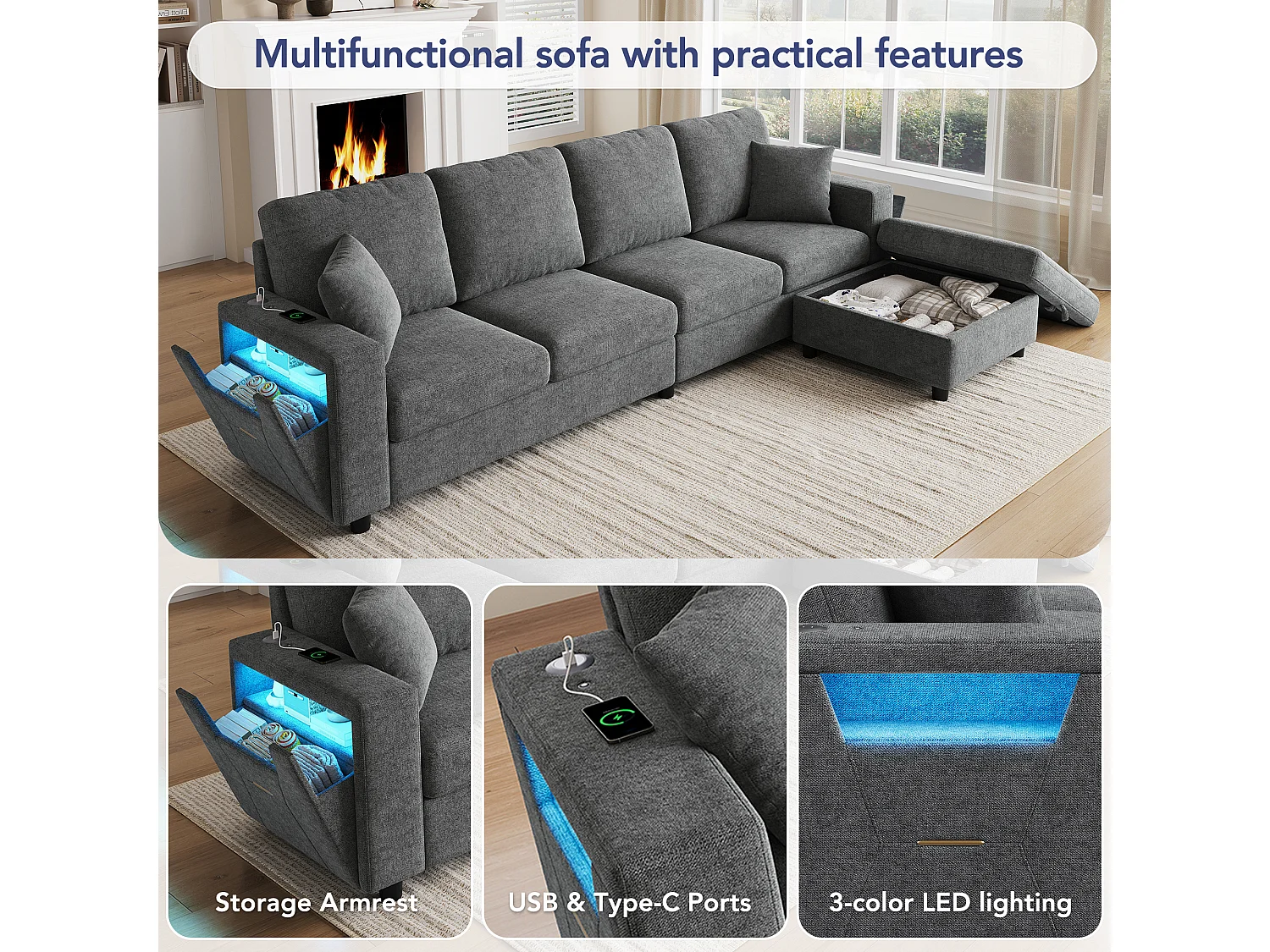 Canapé avec pouf coffre, accoudoir de rangement, LED et USB/Type-C - Polyester - 282 x 153 x 82 cm - Gris