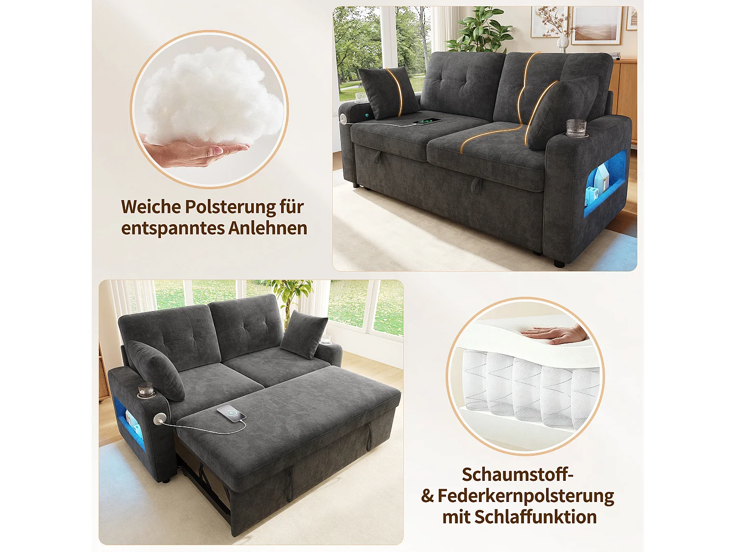 Canapé 2 places avec LED, USB/Type-C, rangements et 2 porte-gobelets - Chenille - 141,5 x 131 x 83,5 cm - Gris