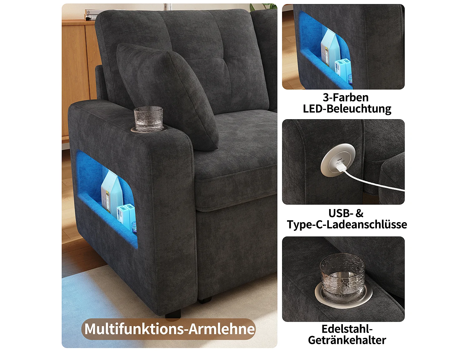 Canapé 2 places avec LED, USB/Type-C, rangements et 2 porte-gobelets - Chenille - 141,5 x 131 x 83,5 cm - Gris