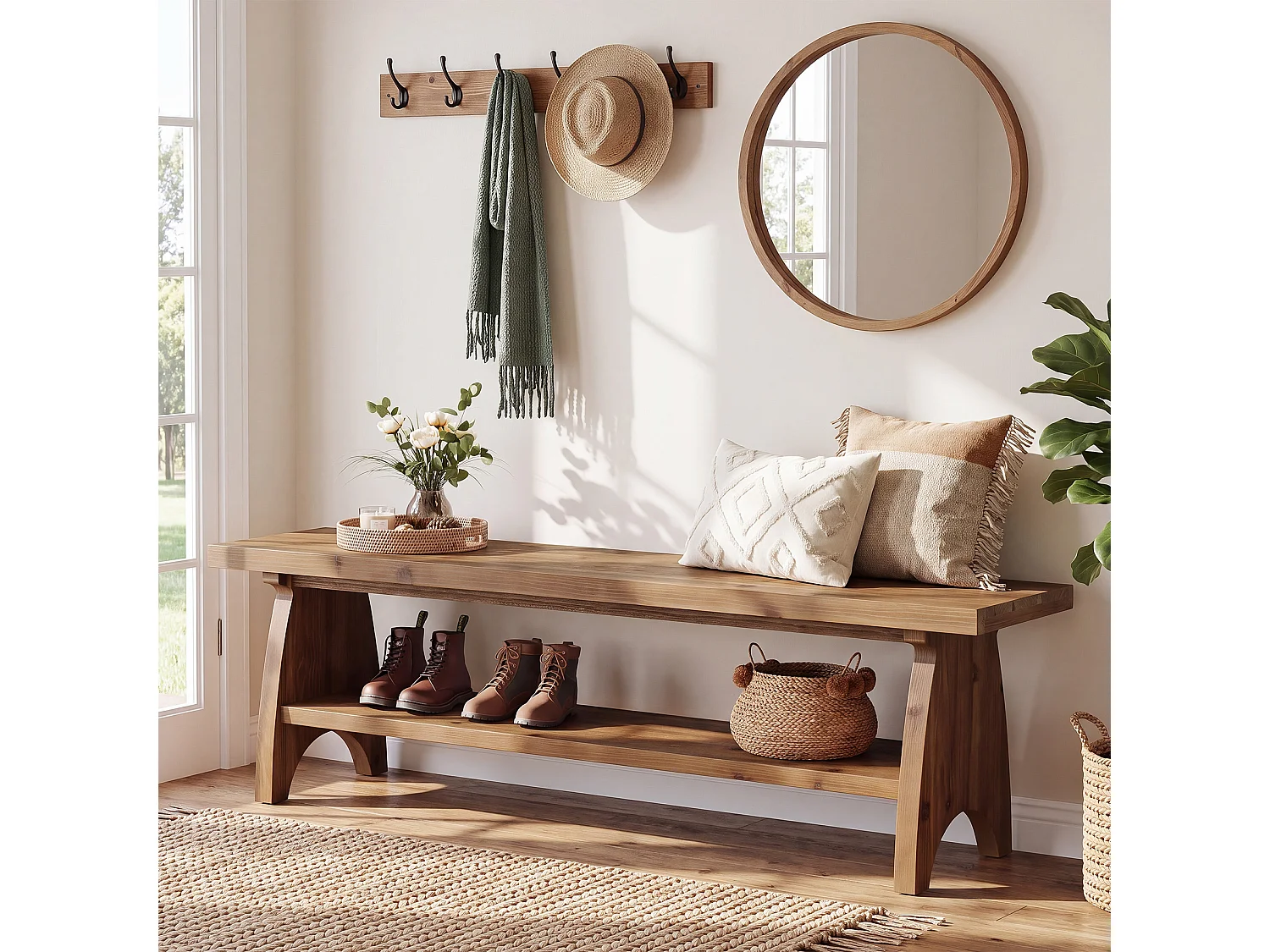 Banco de entrada de madera maciza estilo casa de campo con almacenamiento para zapatos