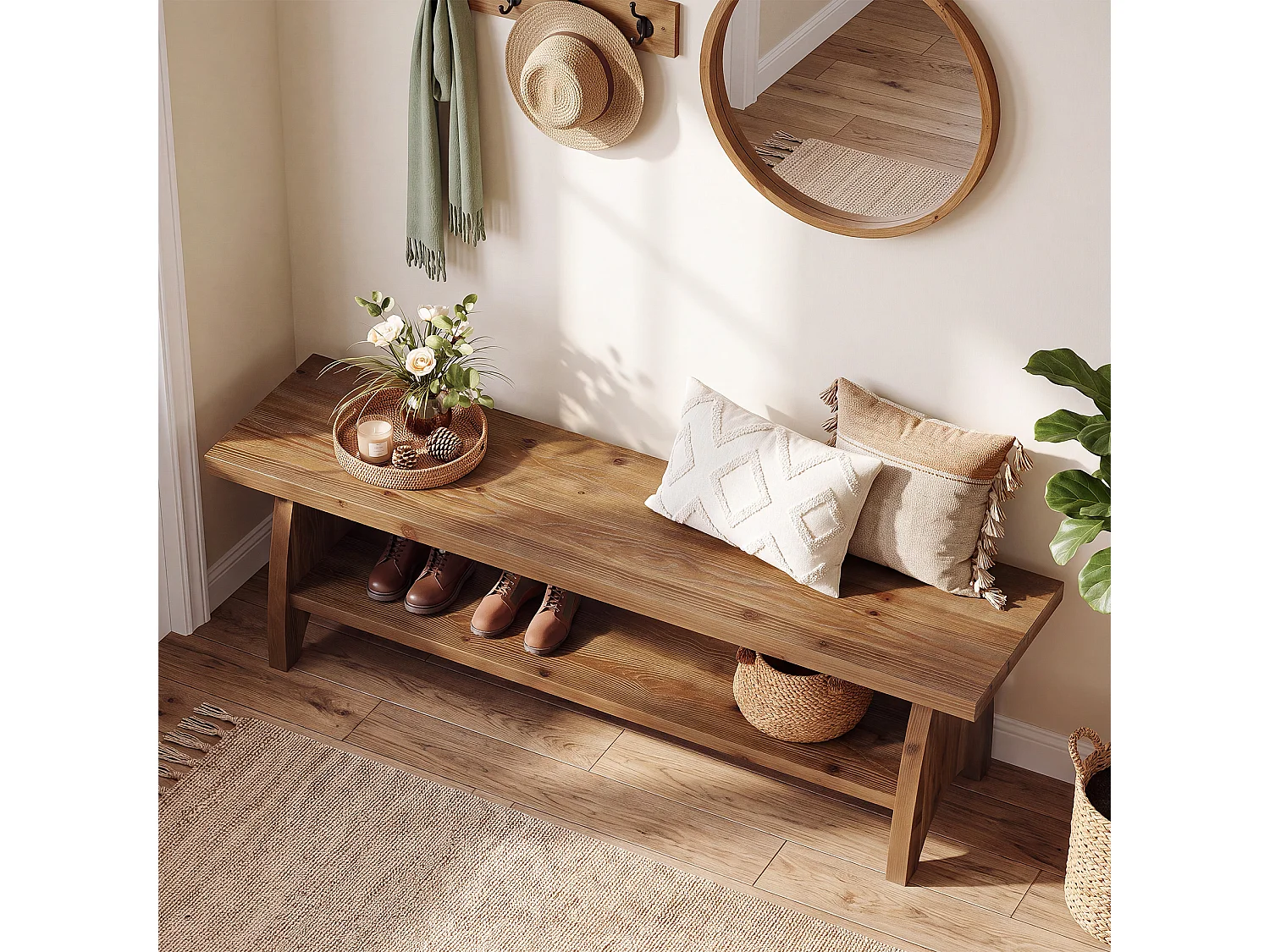Banco de entrada de madera maciza estilo casa de campo con almacenamiento para zapatos