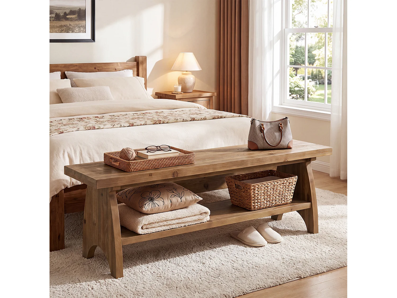 Banco de entrada de madera maciza estilo casa de campo con almacenamiento para zapatos