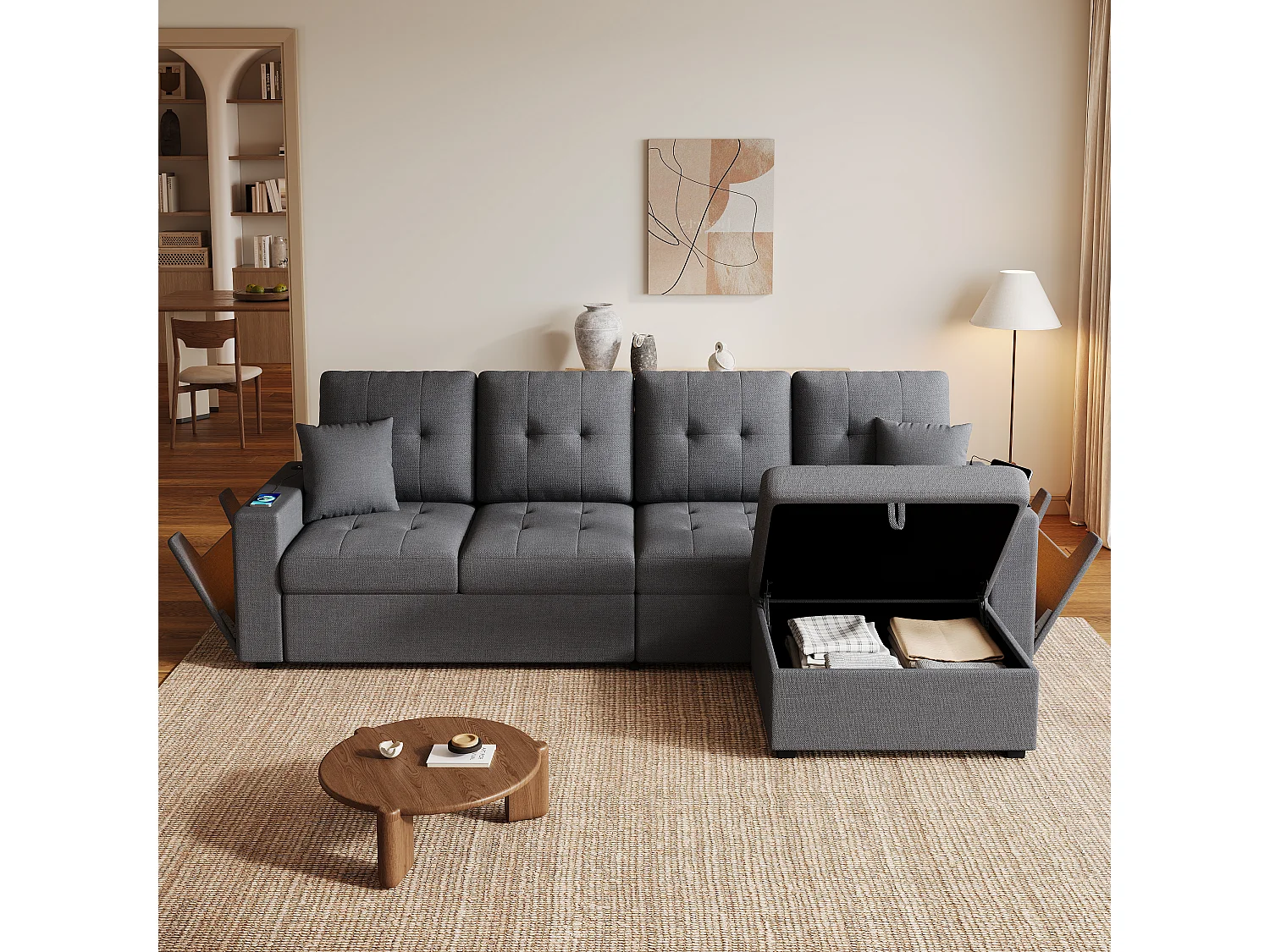 Divano a 4 posti con pouf contenitore, illuminazione a LED e porta USB/Type-C - Lino - 253 x 144,5 x 80,7 cm - Grigio