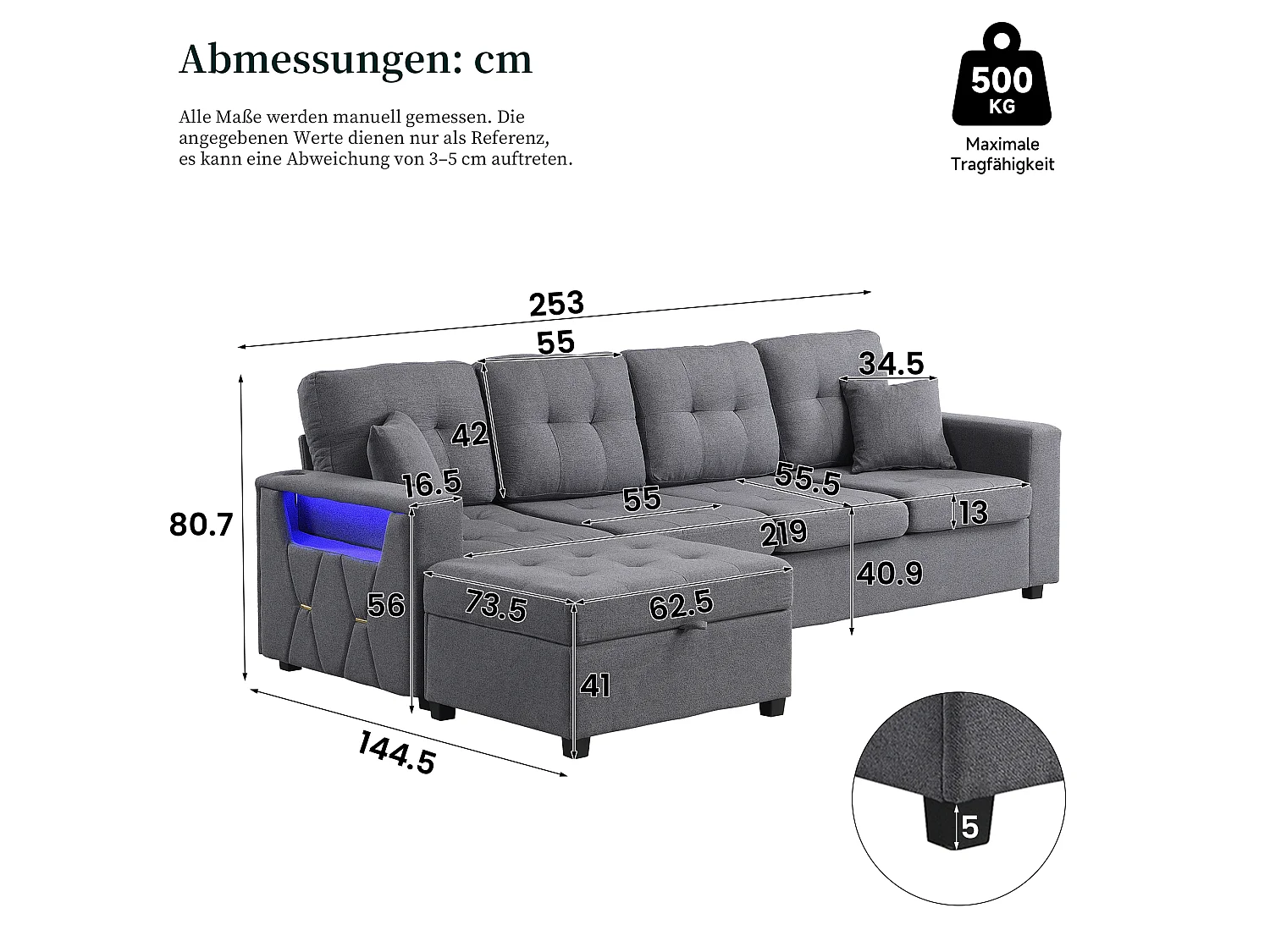 Divano a 4 posti con pouf contenitore, illuminazione a LED e porta USB/Type-C - Lino - 253 x 144,5 x 80,7 cm - Grigio