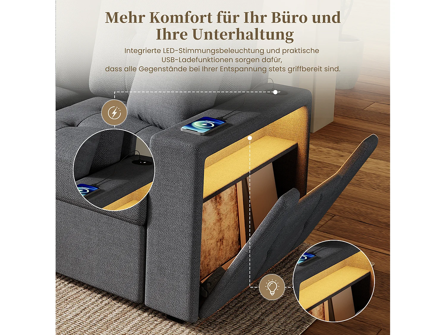 Divano a 4 posti con pouf contenitore, illuminazione a LED e porta USB/Type-C - Lino - 253 x 144,5 x 80,7 cm - Grigio