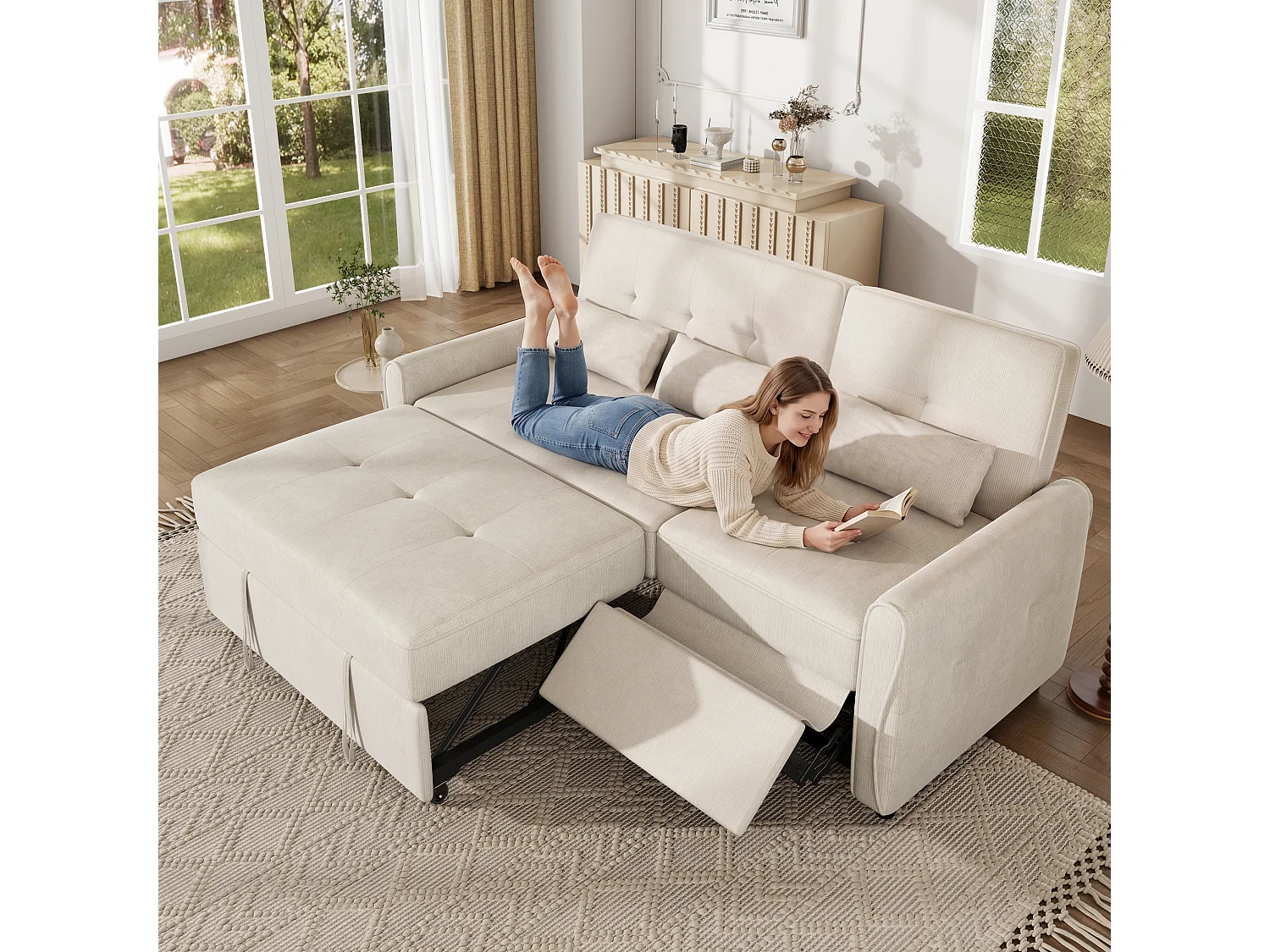 3-zits slaapbank met verstelbare rugleuning en voetensteun - Chenille - 176 x 148 x 83 cm - Beige (chaise longue-modus)